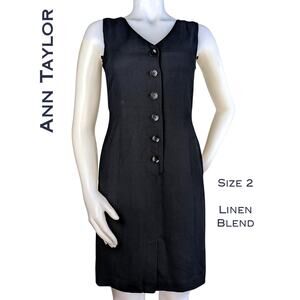 Ann Taylor Linen Blend Sheath Dress 2 Black Sleeveless Button Front Classiccore